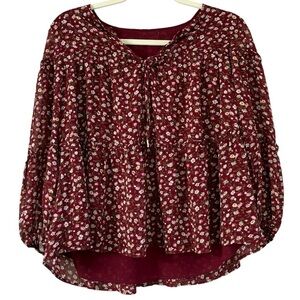 Red Floral Flowy Teared Peasant Top Women’s M Western Workwear Autumn Fall Bow